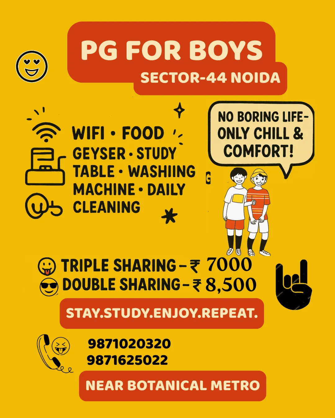 Creative for Boys PG accommodation highlighting rooms, facilities, and affordable living.