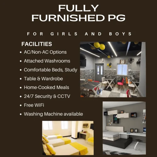Creative poster design for Boys and Girls PG accommodation showcasing facilities like furnished rooms, WiFi, meals, and security.