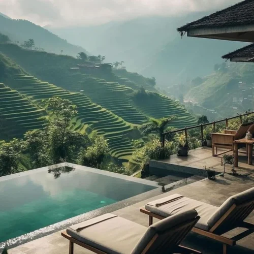 “Luxury Cottages in the Himalayas with snow mountain view”